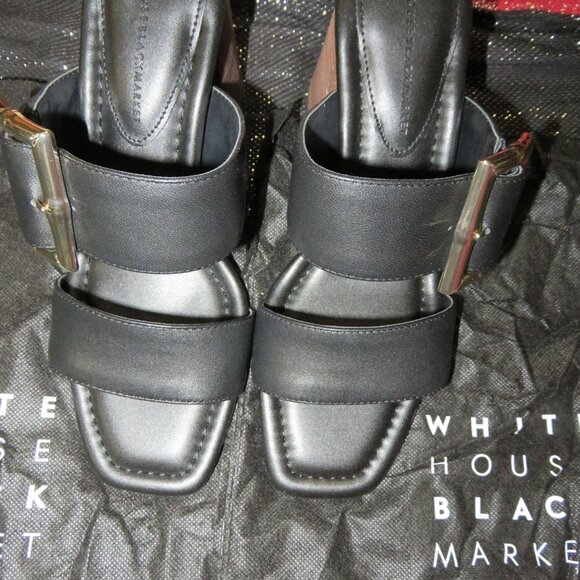 White House Black Market Bamboo Buckle Leather Mid-Heel Sandal size 7 Black NWT - Picture 2 of 16